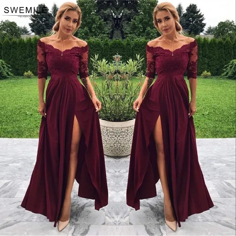 

SWEMILE Burgundy Lace Long Evening Dress 2019 Robe de Soiree Half Sleeve Evening Party Dresses With Side Slit Vestido De Festa