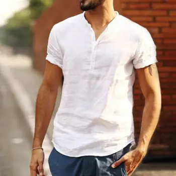 

Luxury Men's Short Sleeve Loose V-neck Linen T-shirt Dress Shirt Blouse Tops Tee Summer Men T shirts