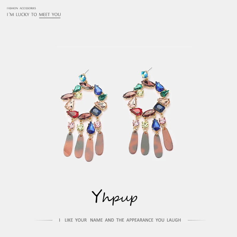 

Yhpup Fashion Rhinestone Geometric Round Dangle Earrings Acrylic Tassel Temperament Brincos for Female Jewelry Accessories 2019