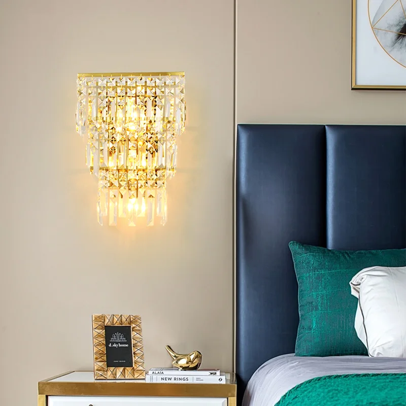Postmodern crystal LED iron lights bedroom bedside lighting stairs aisle gold luxury fixture hotel room entrance wall lamp | Лампы и