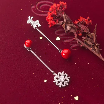 

DAIWUJAN Luxury Asymmetric Zircon Snowflake Christmas Earrings 925 Sterling Silver Red Pearl Elk Dangle Earrings For Women Gifts