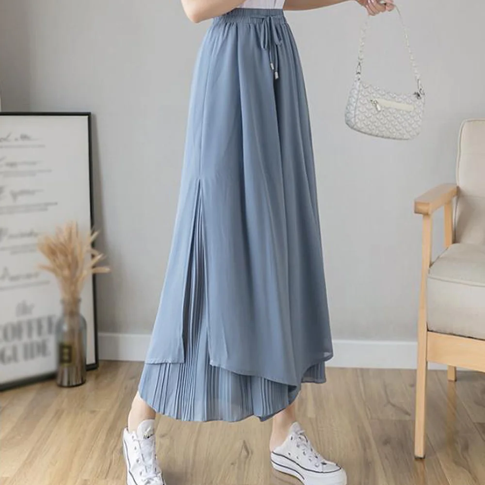 Korean Fashion Summer Pants Women Trousers Loose High Waist Pleated Chiffon Trousers Womens Blue Wide Leg Pants-Skirts denim capris