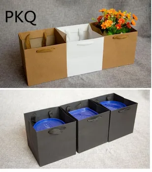

10pcs/lot white Fruit flower bonsai bag, black square bottom kraft paper bag, brown gift tote bag With Handles Present Packaging