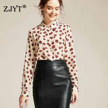 

Elegant Office Lady Spring 100% Real Silk Blouses for Women High Quality Fashion Long Sleeve Print Shirts Blouses Female Blusas