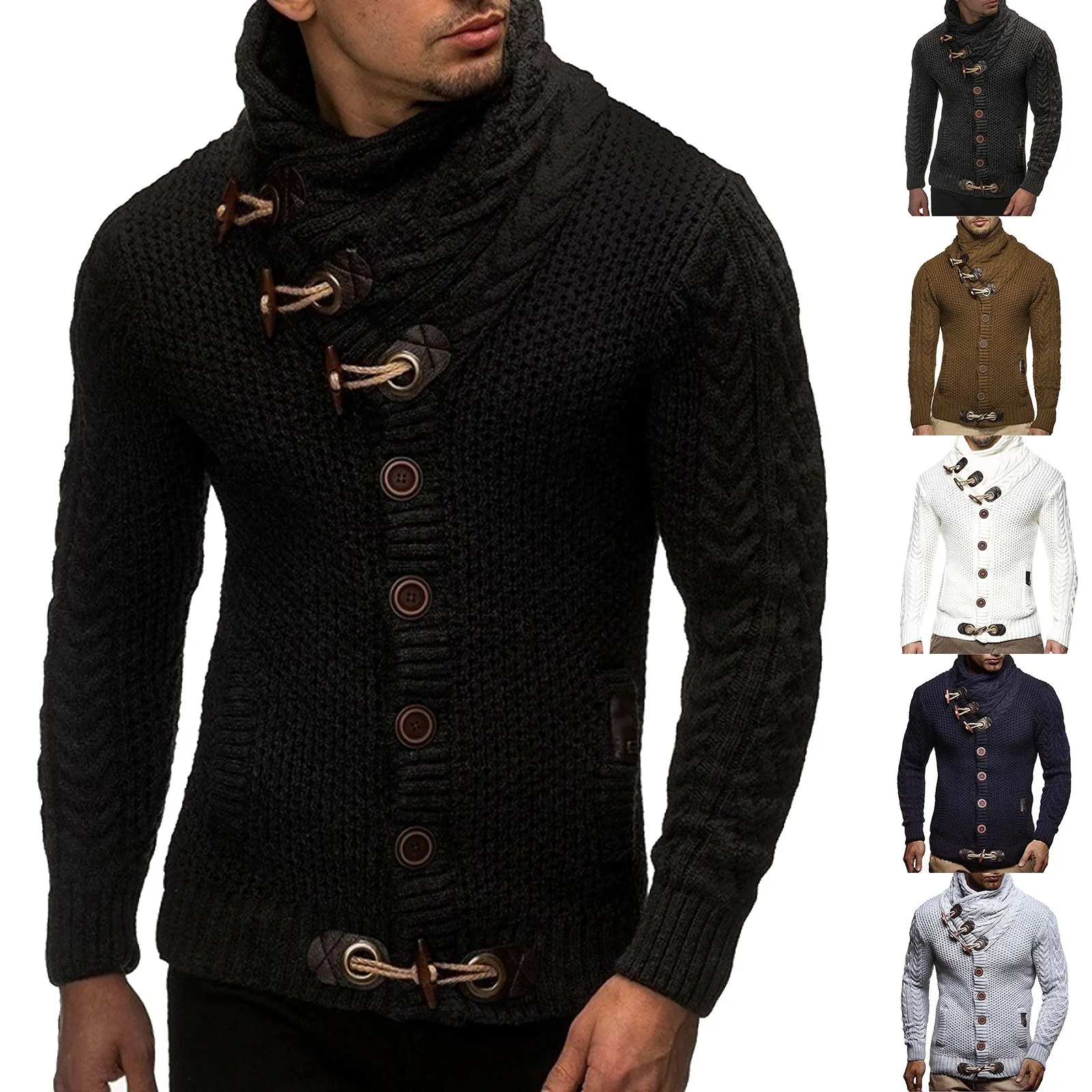 

Autumn Winter Sweater Man Turtleneck Knitted Cardigan Solid Color Plus Size Clothing Tops Pullovers Warm Basic Sweaters