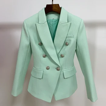 

SONDR Classic Baroque Designer Jacket, Women's Metal Lion Button Down Jacket, Light Green Embossed Jacket