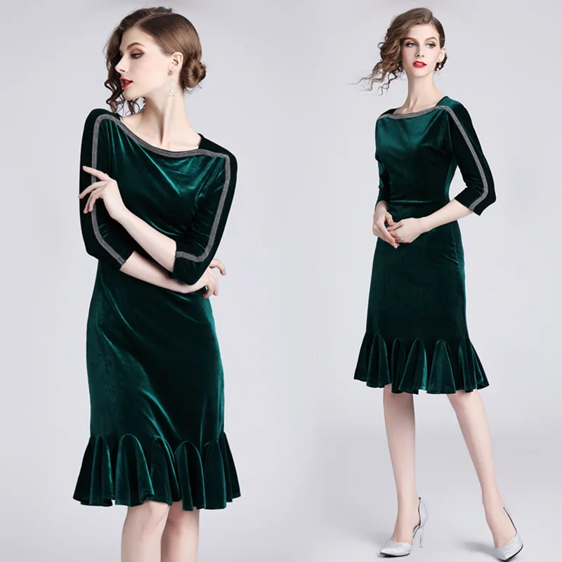 

Europe And America 2018 Autumn New Style Gold Velvet Fishtail Dress Mid-length Flounced Slim Fit Skirt Women's