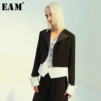

[EAM] Loose Fit Black False Two Button Stitch Jacket New V-collar Long Sleeve Women Coat Fashion Tide Spring Autumn 2020 1D635