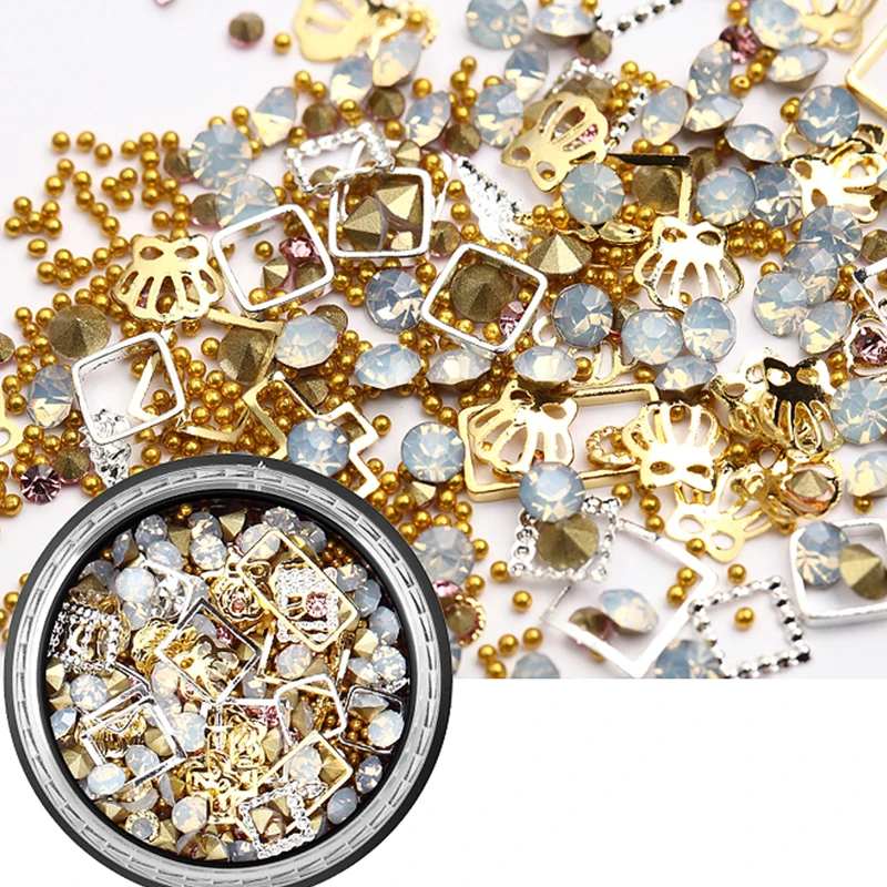 

1Box Nail Gold Metallic Alloy Crystal Rhinestone Mix-(Size,Color,Shape) Sharp Crystal Bead Alloy Stud Nail Tip Accessory 3D Stud