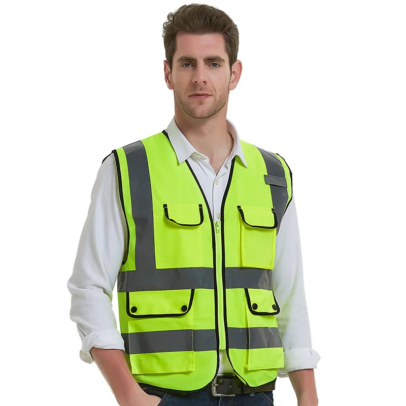Unisex Multi Pocket High-Vis Overall Jacket Reflective Strip Traffic Safety Vest 
