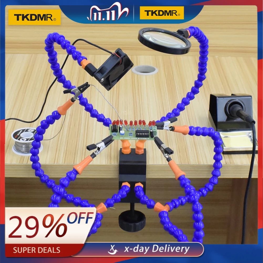 

TKDMR Soldering Iron Helping Holder Third Pana Hand 6pc Flexible Arms USB DC Fan Flashlight Magnifier Welding Station Tool
