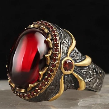 

Vintage Two Tone Totem Ring Big Oval Red Stone Bow Ring For Men Women Gothic Party Anniversary Ring Retro Jewelry Gift M4M864