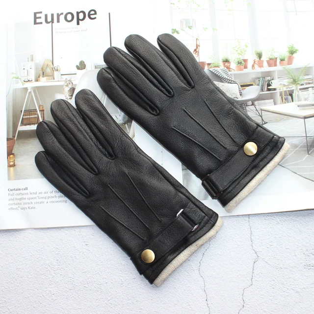 New men's deerskin gloves leather fashion bow-shaped retro autumn and winter driving and riding motorcycle warm gloves Knitted stripe style
