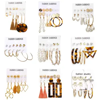 

Bohemian Women's Earrings Set Tassel Crystal Acrylic Pearl Earrings For Girls Fashion Jewelry 2020 Geometric Hoop Dangle Brincos