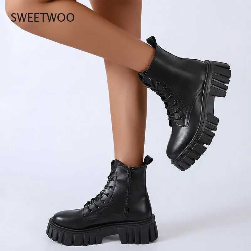 2021 new woman ankle boots white PU leather thick sole lace up combat boots female autumn winter platform shoes woman