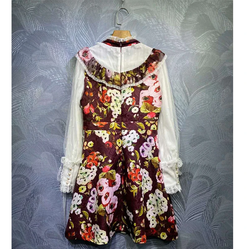 SEQINYY Vintage Print Dress Flowers Jacquard 2020 Spring Autumn New Fashion Design Women White Long Sleeve Lace Ruffles
