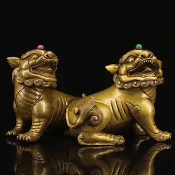 

China Collected copper handcrafted gem-inlaid pixiu statue, a pair of lion statues