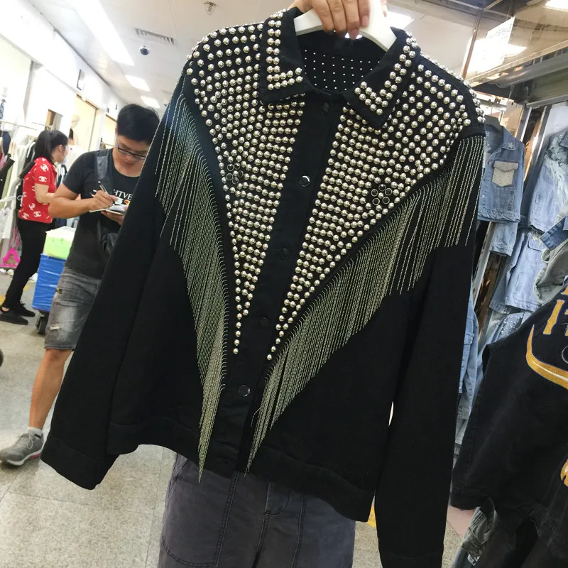 Женская короткая джинсовая куртка Chaquetas Mujer свободная с бахромой и стразами в