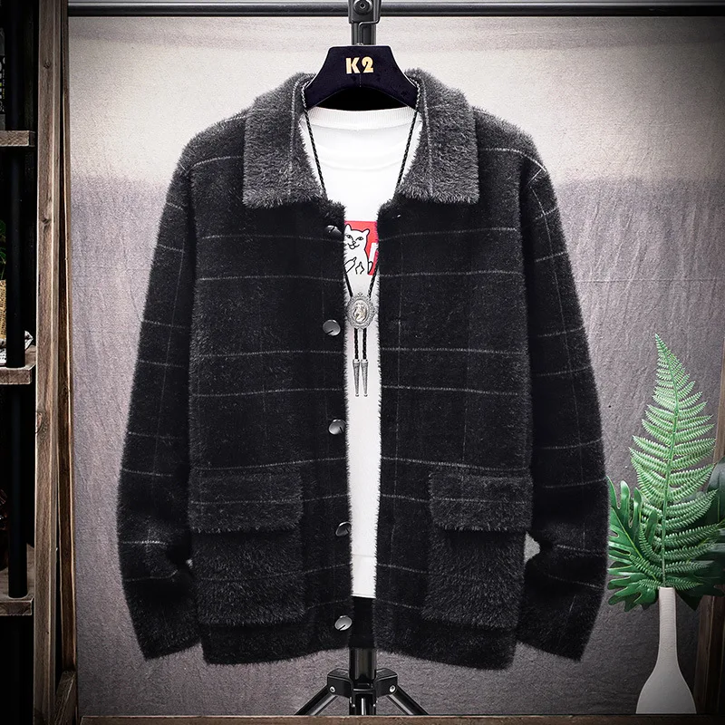 

2019 Autumn & Winter Warm Faux Mink Cashmere Cardigan Overcoat Jacket Slim Fit Youth Korean-style Short Plaid Thick Coat