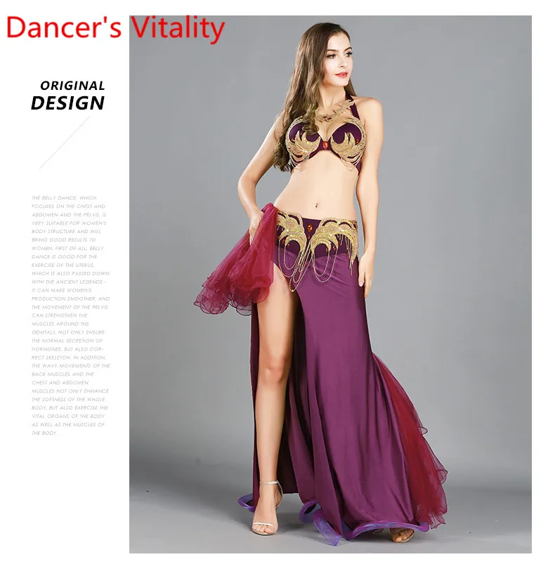 Женский костюм для танца живота, летний костюм для выступлений, восточные Индийские танцы, бюстгальтер с алмазным поясом, сексуальная раздельная юбка с разрезом