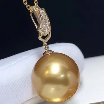 

D119 Fine Jewelry 18K Gold Natural Ocean Golden Pearl 12-13mm Diamonds Pendants Necklaces for Women FIne Pearls Pendants