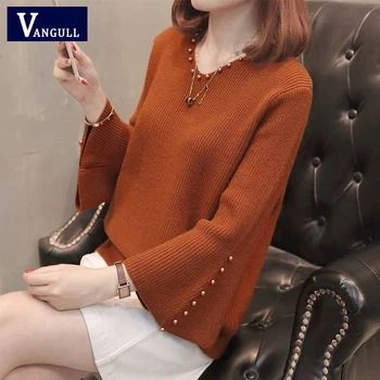 

Vangull Women Beading Flare Sleeve Sweater 2019 Autumn Winter Solid V-Neck Pullovers Sexy Basic Knitted Thick Stretch Sweaters