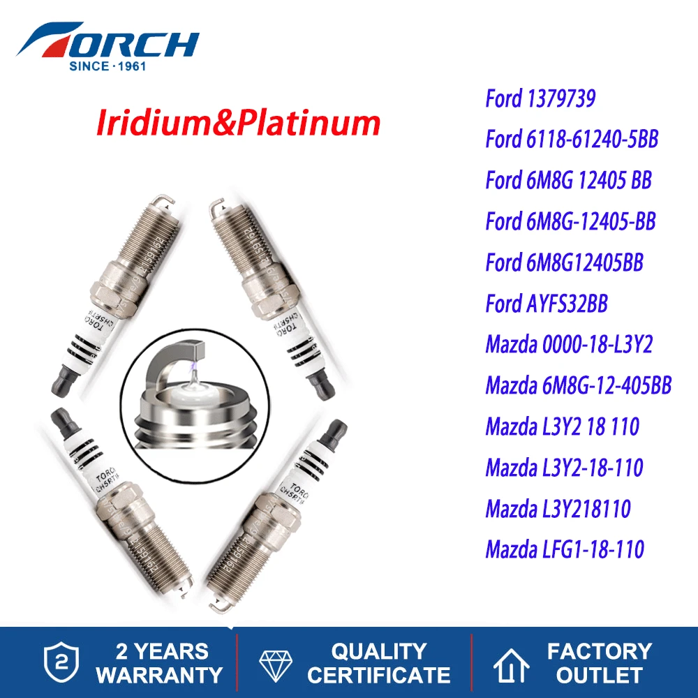 

4PCS Iridium Spark Plugs TORCH QH5RTIP-13 Replace for Candles ILTR5K13 FORD 5158132 CV6E-12405-AA 3811/ILTR5A-13G GM 12597464