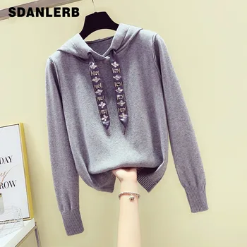 

2019 Autumn New Hooded Sweater Woman Loose Long Sleeve Rope Beaded Sweater Girls Lady Grey Jumper Outwear Coat Knitting Shirts