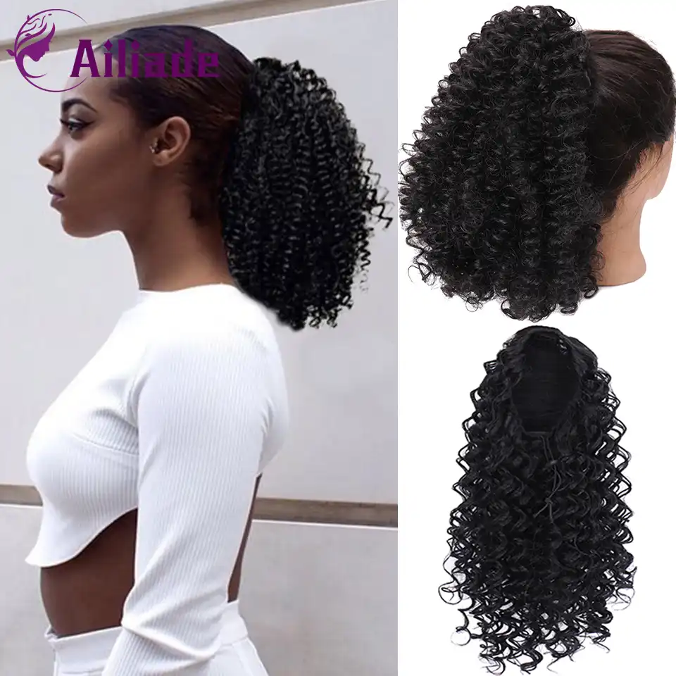 Ailiade 2020 New Type 14 Inch Long Afro Kinky Curly Ponytail Extension Synthetic Drawstring Corn Wavy Hair Piece For Women Black Synthetic Ponytails Aliexpress