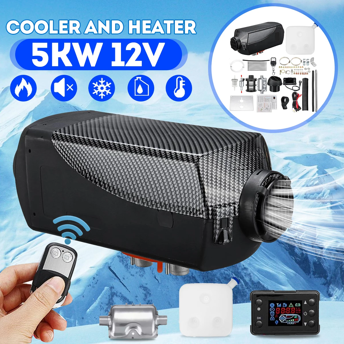 Monitor LCD de 12V, 5000W, 5kW, calentador de combustible diésel para aire, calentador de coche con silenciador para RV, camión, Motor, casa, barco, autobús, autocaravana