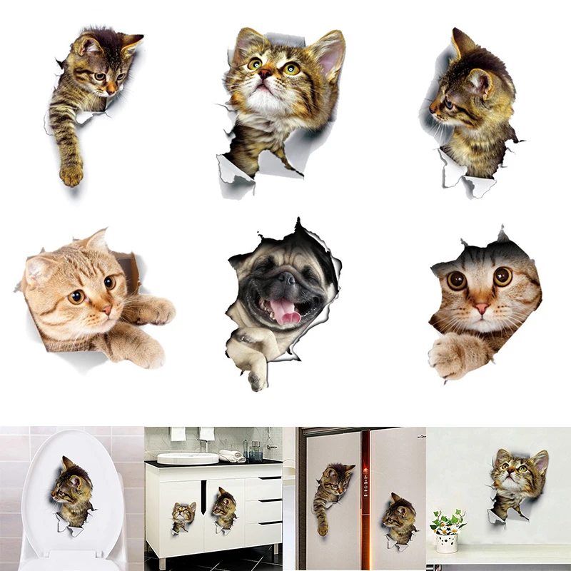 Cat Vivid 3D Smashed Switch Wall Sticker Bathroom Toilet PVC Stickers Kitchen Decorative Decals Funny Animals Decor Mural Art vinyl stickers toilet stickers toilet wall stickers kitten wall stickers
