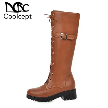 

CoolCept Ladies Knee High Slim Boots Thick Bottom Block Heel Platform Shoes Cross-Tied Buckle Strap Footwear Size 34-43