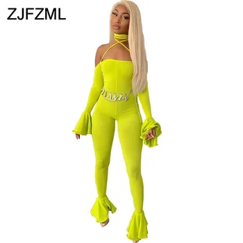 

Sexy Club Backless Neon Rompers Womens Jumpsuit Halter Long Flare Sleeve Bodycon Overalls Slash Neck Ruffles Flare Bodysuits
