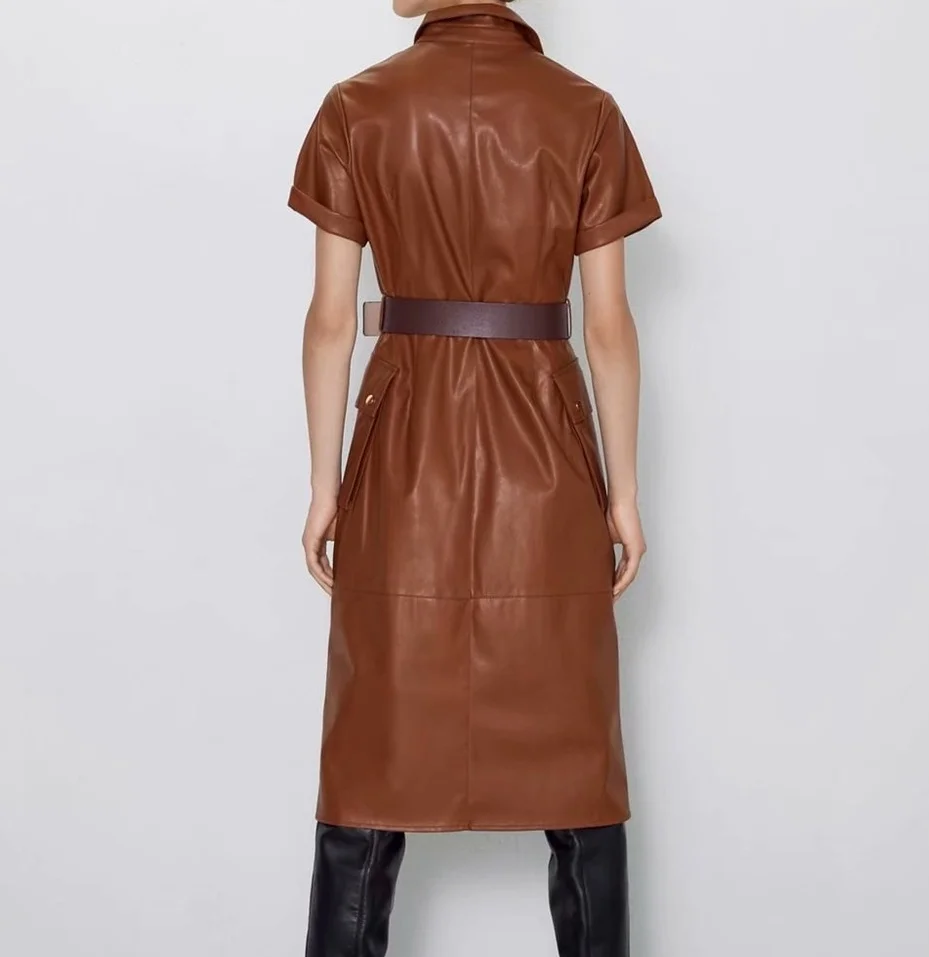 Осень, новое женское платье средней длины из искусственной кожи с коротким рукавом и поясом, 03046277702
