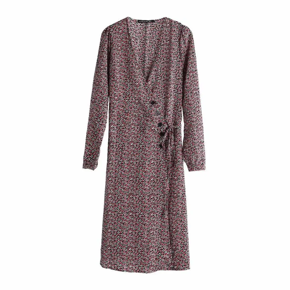 C95 red floral 1401 Bazaleas, Франция, v-образный вырез, vestido, винтажное габиновое платье с запахом, модное, с завязками, с боковыми пуговицами, женское платье миди, повседневное, Прямая поставка - Цвет: C95 red floral 1401