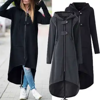 

womens zipper buttoned Long-style jacket coat with cap autumn winter lady Windbreaker long hoodies overcoat outerwear trench