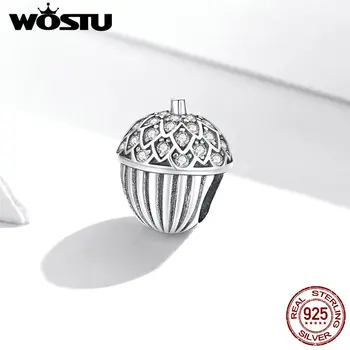 

Wostu Genuine 925 Sterling Silver CZ Oxidized silver Lucky Pine Cone Original Charm for Brand Female DIY Jewelry BSC337
