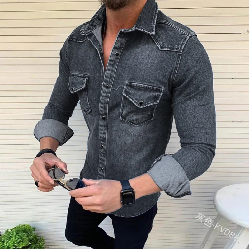 MJartoria/осенние мужские модные повседневные джинсовые рубашки с отложным воротником и длинными рукавами и карманами, однотонные цветные куртки