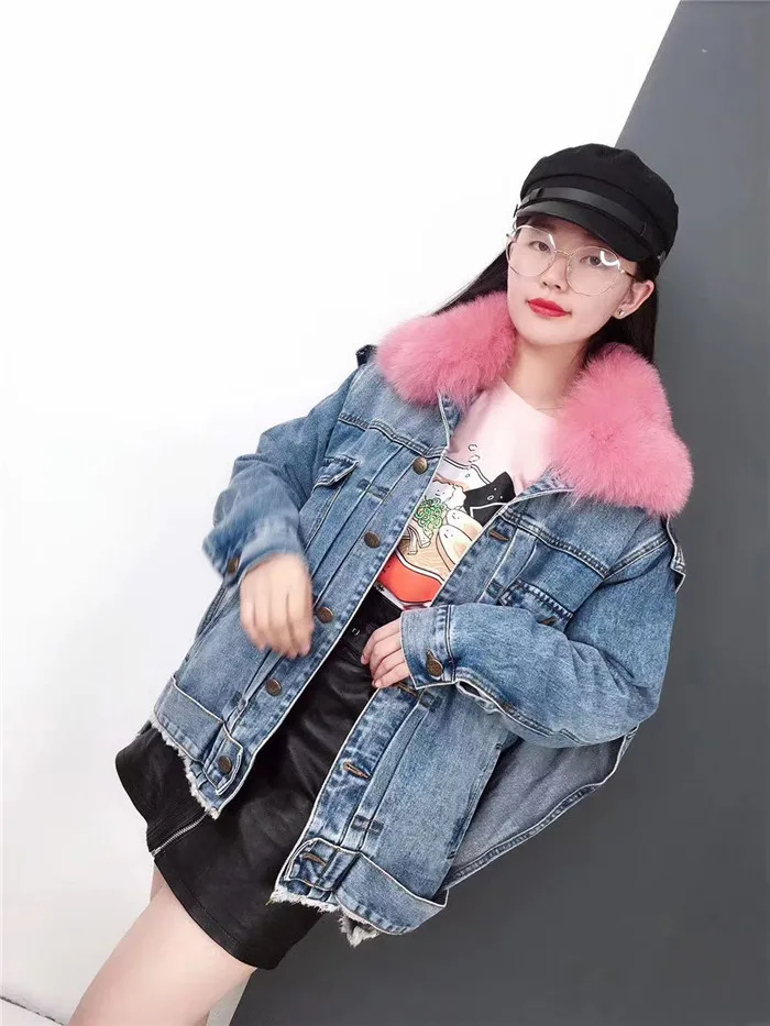 real fur coat Winter Jacket Women Coat Real fox Fur lined denim jacket Parka back letter print