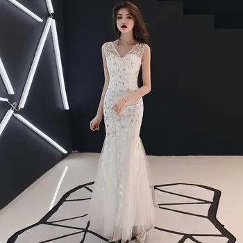 

Mermaid Mesh Cheongsam Female White Bride Wedding Dress Sexy Slim V-neck Qipao Elegant Sleeveless Long Vestidos De Festa