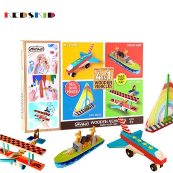 

Wood DIY Free Painting Intelligence Four in One Boys and Girls Three-Dimensional Putting-together Vehicle Set
