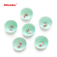 Чайный набор из 6 чайных чашек кунг-фу с 3D золотой рыбкой, китайские чайные чашки с хрустящей глазурью, чайная чаша для путешествий, китайский фарфоровый чайный набор