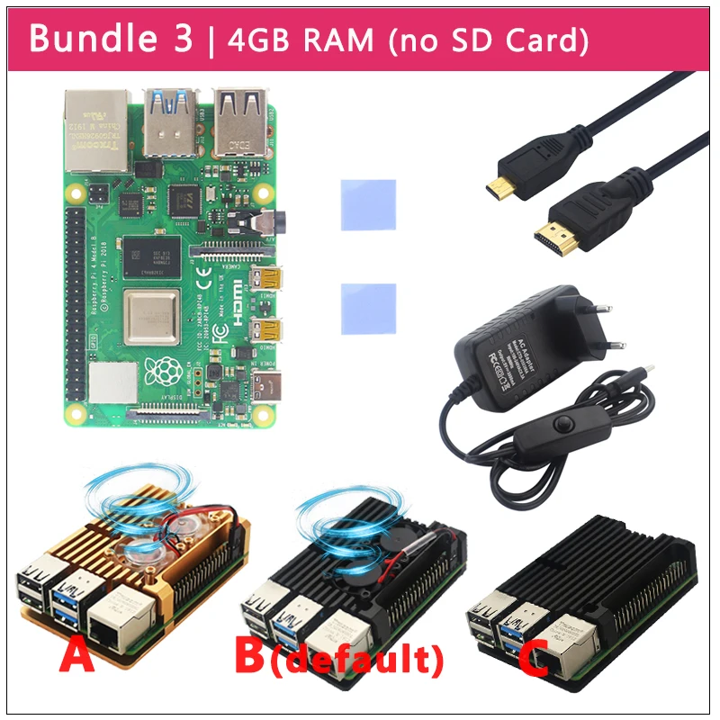 Комплект 3 Raspberry Pi 4 Модель B комплект+ алюминиевый чехол+ теплоотвод+ 3A переключатель питания+ Micro HDMI вариант 64 32 Гб SD карты | ридер - Комплект: Комплект 3