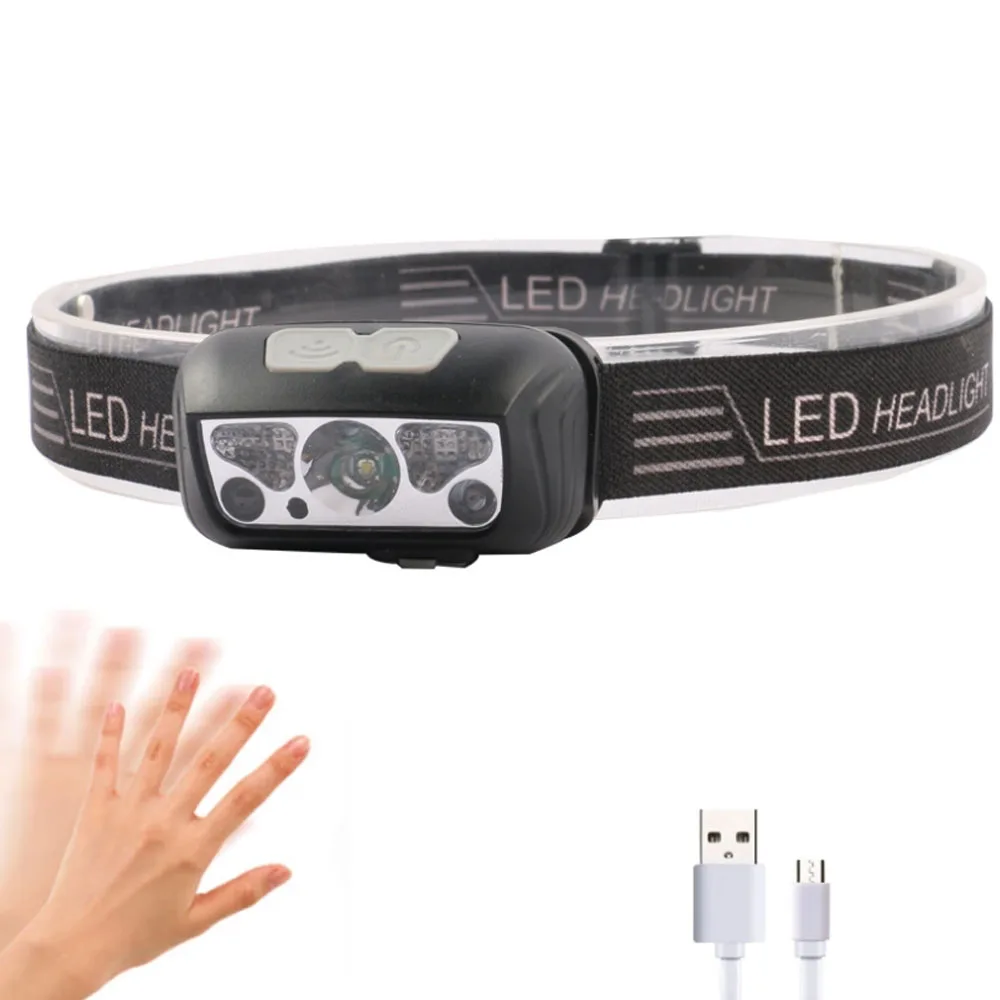 

200lm XPE LED Induction Headlamp Motion Sensor Work Light USB Rechargeable Fishing Riding Head Torch Light Red Emergency Strobe