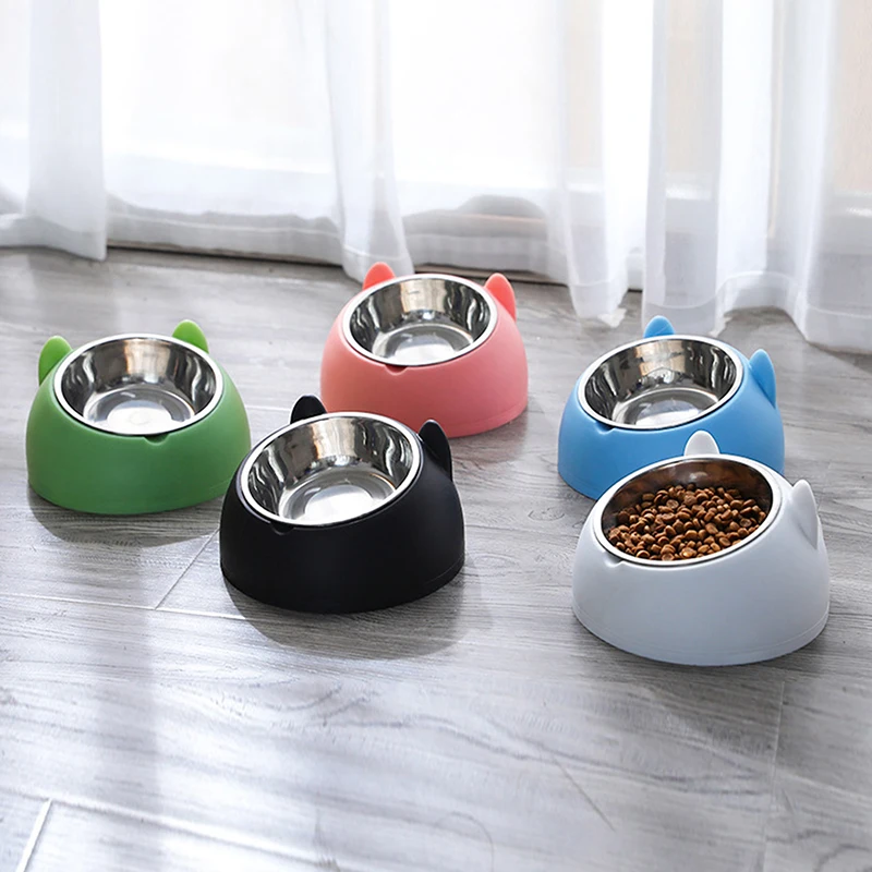 Cat Dog Bowl 15 Degrees Raised Stainless Steel Non Slip Puppy Base Cat Food Drinking Water Feeder Tilt Safeguard Neck Pet Bowl 1