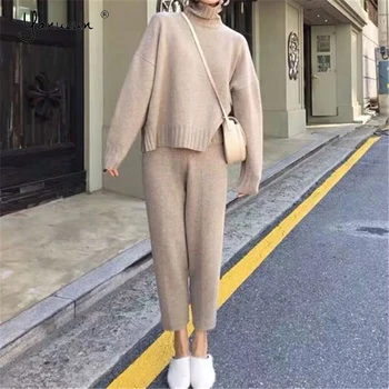 

Yanueun New Autumn Winter Women's Sets 2 Piece Sets Turtleneck Pullovers+Knitted Pants Wear Split Minimalist Style Clothes