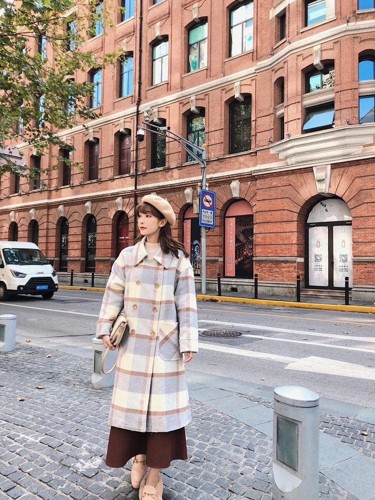 New Autumn Winter Women Long Wool Blends Jackets Women Fashion Plaid Office Ladies Jackets Trench Coats Outerwear WJ200