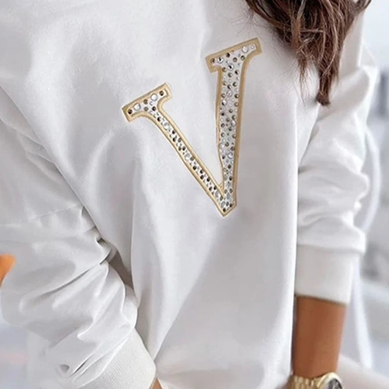 2021 Autumn Women Sexy White Round Neck Fashion T-shirts Daily Wear One Shoulder Rhinestone Letter Long Sleeve Casual Top