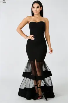 

Long Dresses Strapless Mermaid Wedding Evening Party Dresses Sheer Mesh Patchwork High Slit Bodycon Formal Maxi Dress For Women