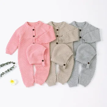 

New Born Baby Clothes Infant Baby Girl Boy Winter Warm Coat Knit Romper Jumpsuit Hat Pink Baby Outfits Kombinezon Dziecko